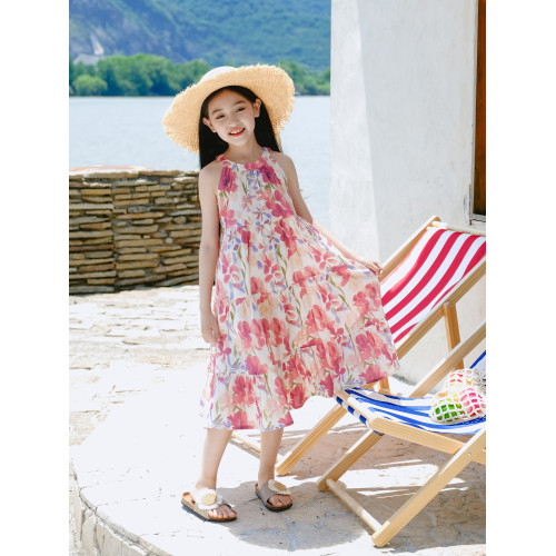 野柿童裝【仲夏假日】女童掛脖碎花連衣裙夏季新款兒童度假風裙子