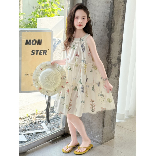 女童連衣裙夏季2025新款大兒童洋氣碎花背心裙女孩度假風沙灘裙子