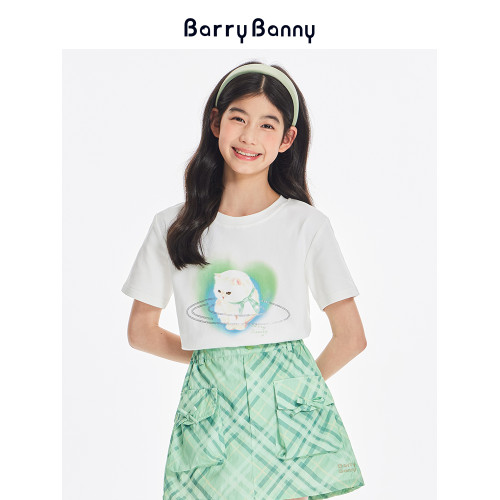 BarryBanny女童T恤2025夏季新款兒童洋氣女孩上衣小貓圓領短袖