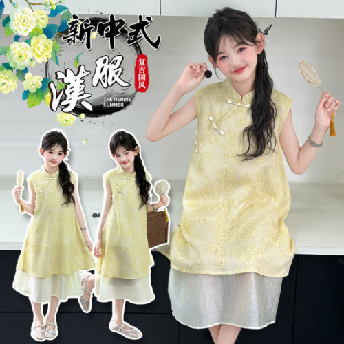 女童夏季連衣裙2025新款中大童女孩洋氣夏裝國風長裙兒童公主裙子