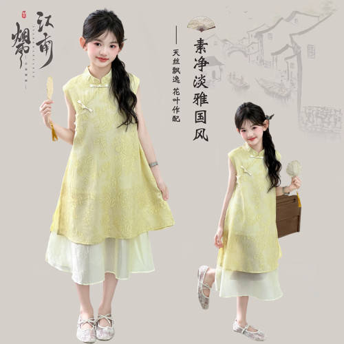 女童夏季連衣裙2025新款中大童女孩洋氣夏裝國風長裙兒童公主裙子