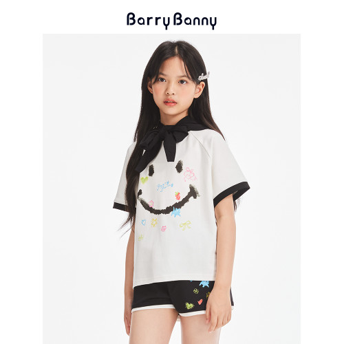 BarryBanny女童笑臉T恤2025夏季新款兒童洋氣女孩上衣圓領短袖