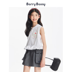 BarryBanny女童小狗無袖襯衫2025夏季新款中大童連帽T恤洋氣上衣