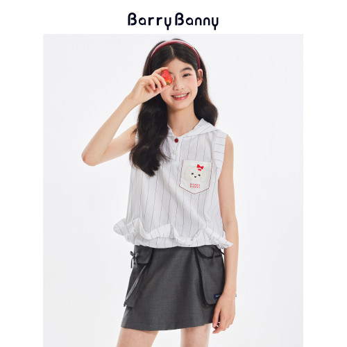 BarryBanny女童小狗無袖襯衫2025夏季新款中大童連帽T恤洋氣上衣