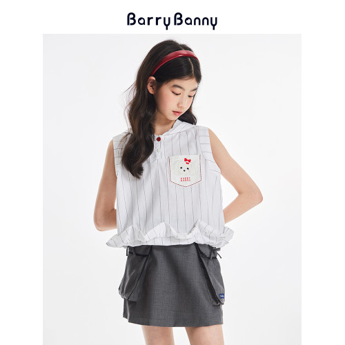 BarryBanny女童小狗無袖襯衫2025夏季新款中大童連帽T恤洋氣上衣