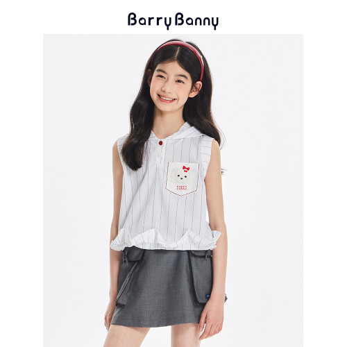 BarryBanny女童小狗無袖襯衫2025夏季新款中大童連帽T恤洋氣上衣