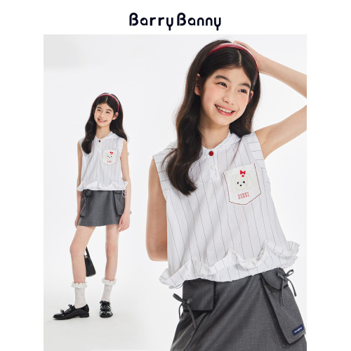 BarryBanny女童小狗無袖襯衫2025夏季新款中大童連帽T恤洋氣上衣