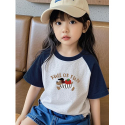女童純棉插肩短袖t恤2025新款夏季小女孩寬松半袖撞色體恤上衣服