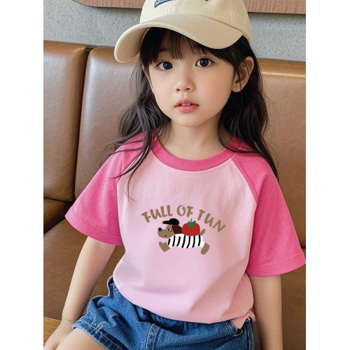 女童純棉插肩短袖t恤2025新款夏季小女孩寬松半袖撞色體恤上衣服