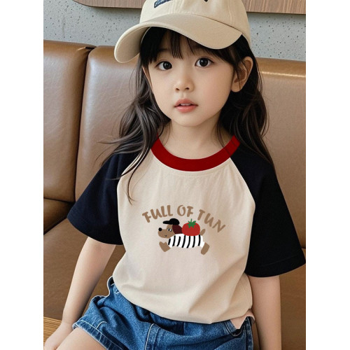 女童純棉插肩短袖t恤2025新款夏季小女孩寬松半袖撞色體恤上衣服