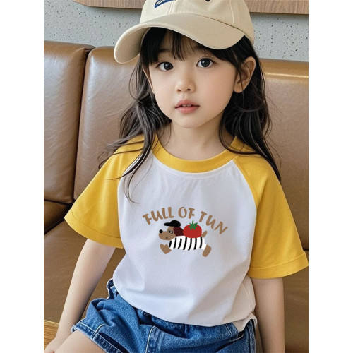 女童純棉插肩短袖t恤2025新款夏季小女孩寬松半袖撞色體恤上衣服