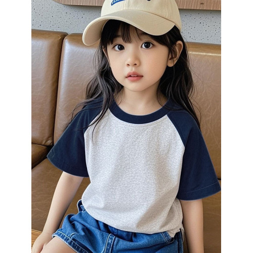 女童純棉插肩短袖t恤2025新款夏季小女孩寬松半袖撞色體恤上衣服