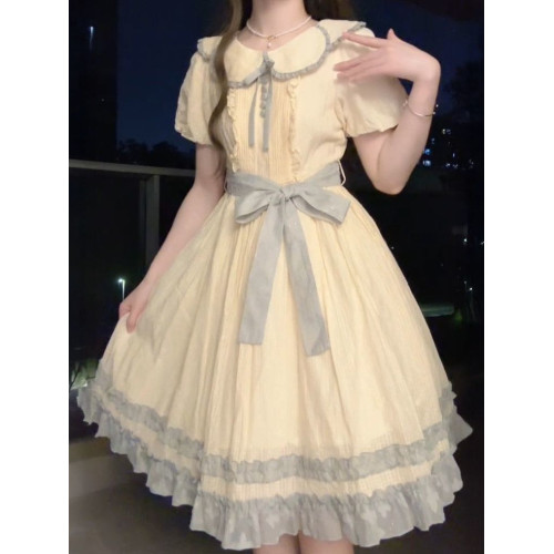 女童韓版花邊蓬蓬裙中大童夏季新款蝴蝶結甜美田園風休閒風連衣裙