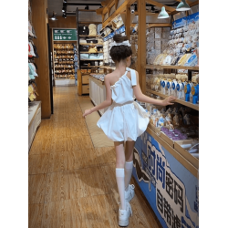 女童斜肩短裙套裝夏裝2025新款兒童洋氣時髦短袖上衣裙褲兩件套潮