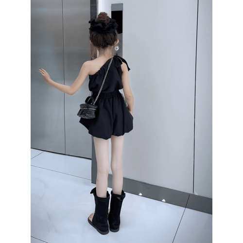 女童斜肩短裙套裝夏裝2025新款兒童洋氣時髦短袖上衣裙褲兩件套潮