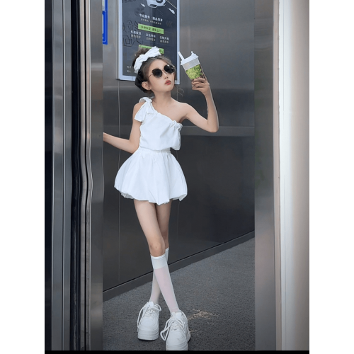女童斜肩短裙套裝夏裝2025新款兒童洋氣時髦短袖上衣裙褲兩件套潮