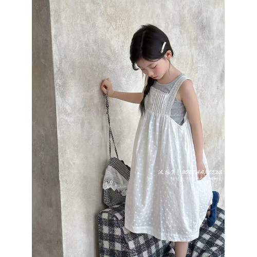 波拉韓女童夏季連衣裙套裝2025新款背心兒童裙子中大童時髦兩件套
