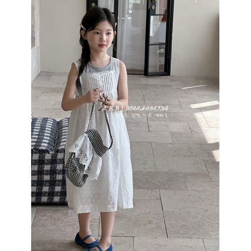 波拉韓女童夏季連衣裙套裝2025新款背心兒童裙子中大童時髦兩件套
