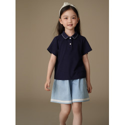 哈齒童裝夏季薄款兒童針織上衣藏青學院風女童短袖T恤女孩Polo衫