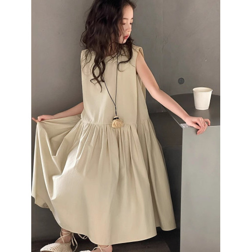 女童無袖連衣裙夏裝2025新款中大童素色背心裙洋氣中長款棉布裙子