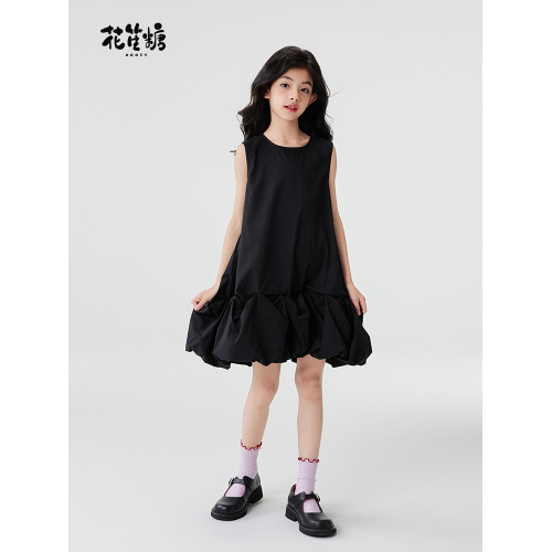 花笙糖童裝女孩簡約透氣裙子大女童夏季黑色時尚花苞小女生連衣裙