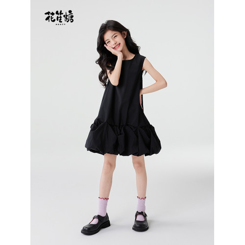花笙糖童裝女孩簡約透氣裙子大女童夏季黑色時尚花苞小女生連衣裙