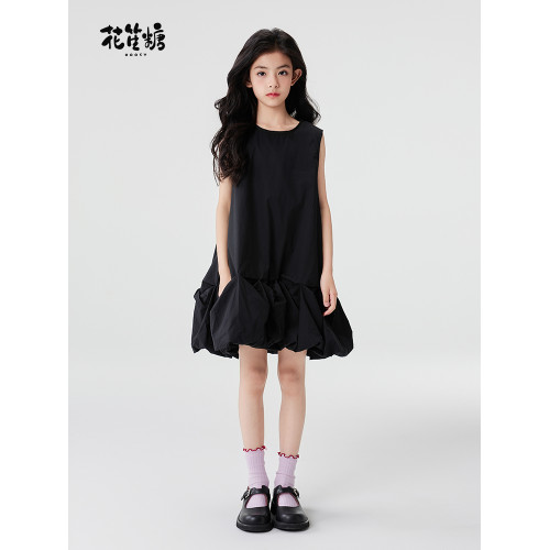 花笙糖童裝女孩簡約透氣裙子大女童夏季黑色時尚花苞小女生連衣裙