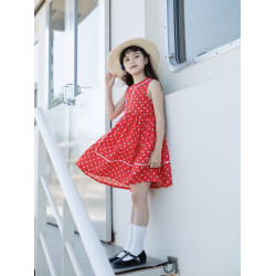 野柿童裝【90年代】女童紅色波點連衣裙夏季新款兒童度假公主裙子