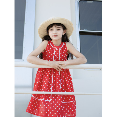 野柿童裝【90年代】女童紅色波點連衣裙夏季新款兒童度假公主裙子
