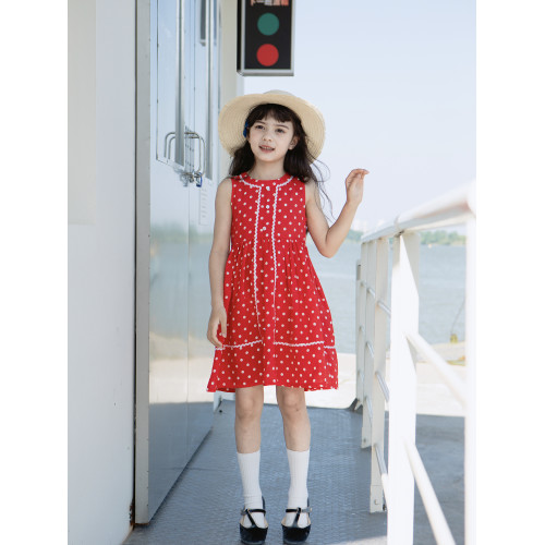 野柿童裝【90年代】女童紅色波點連衣裙夏季新款兒童度假公主裙子