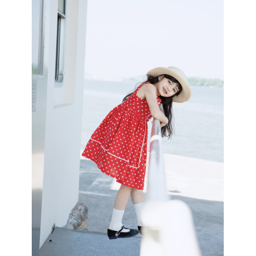 野柿童裝【90年代】女童紅色波點連衣裙夏季新款兒童度假公主裙子