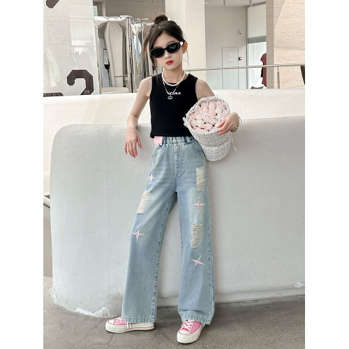 兒童褲子2025夏季薄款美式窄版休閒直筒褲女童刺綉破洞牛仔濶腿褲