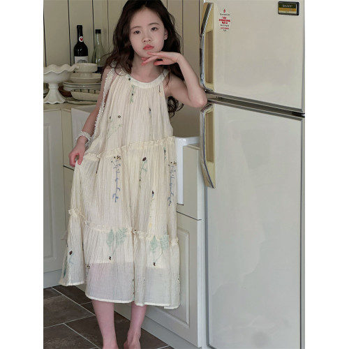 女童掛脖刺綉連衣裙2025新款女孩夏季雪紡吊帶裙度假風裙子中大童