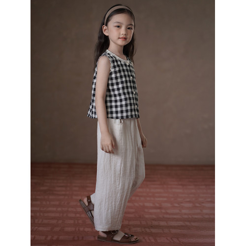 哈齒童裝夏季薄款兒童韓版格子無袖上衣女童襯衫復古休閒背心女孩