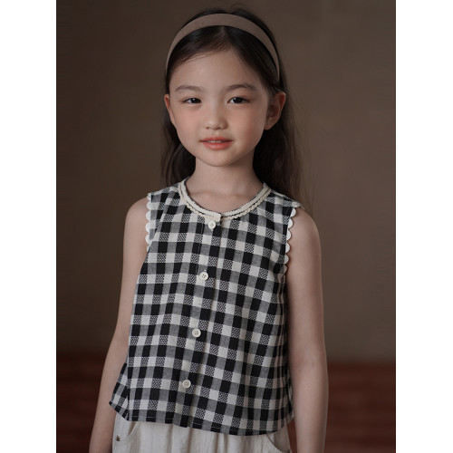哈齒童裝夏季薄款兒童韓版格子無袖上衣女童襯衫復古休閒背心女孩