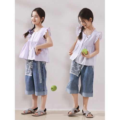 DOMIO女童襯衫純棉25夏季新品飛袖荷葉邊背心中大童無袖娃娃衫