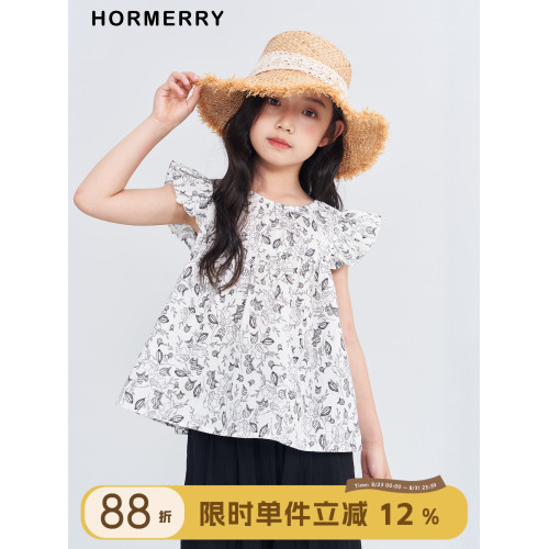 赫米童裝2025夏季新款兒童碎花小飛袖襯衫女童純棉娃娃衫上衣洋氣
