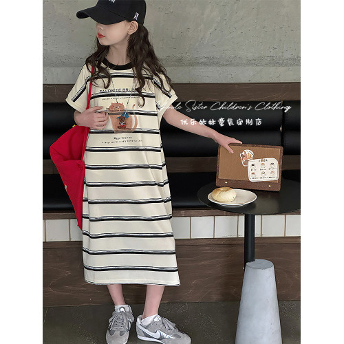 女童夏季連衣裙2025新款兒童洋氣純棉條紋T恤裙女大童超好看裙子