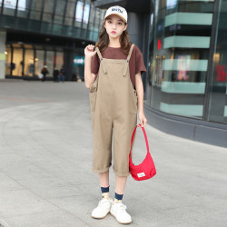 韓國女童吊帶褲夏裝2025新款寬松短袖中大童網紅洋氣背帶褲兩件套