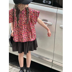 波拉韓童裝女童碎花襯衫2025夏裝兒童翻領襯衣小女孩洋氣短袖上衣