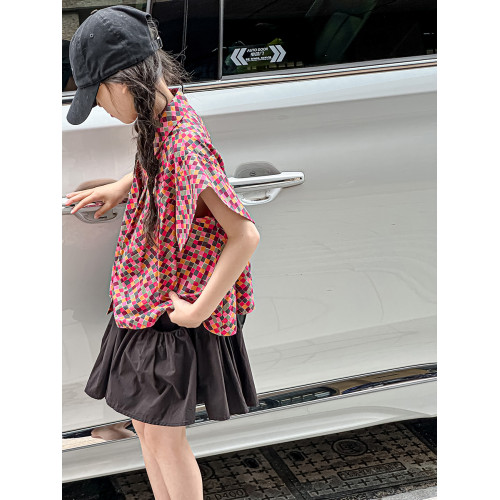 波拉韓童裝女童碎花襯衫2025夏裝兒童翻領襯衣小女孩洋氣短袖上衣