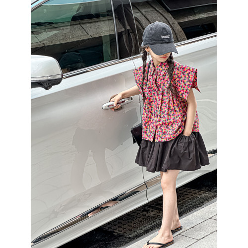 波拉韓童裝女童碎花襯衫2025夏裝兒童翻領襯衣小女孩洋氣短袖上衣