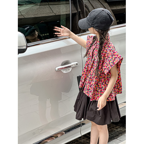 波拉韓童裝女童碎花襯衫2025夏裝兒童翻領襯衣小女孩洋氣短袖上衣