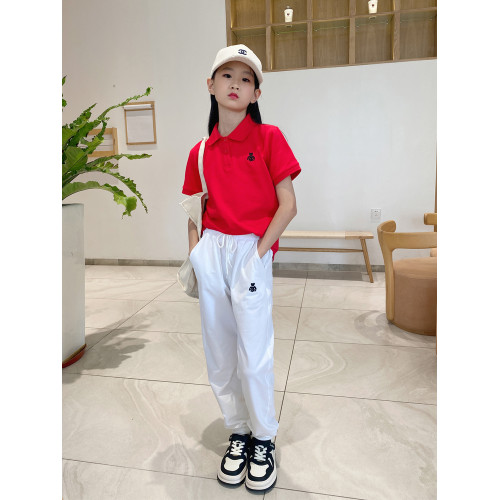 夏季紅色兒童POLO衫女童短袖t恤純棉透氣翻領半袖POLO領女孩上衣