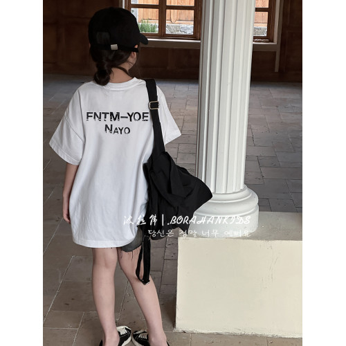 波拉韓童裝女童休閒短袖2025夏季薄款兒童圓領T恤中大童字母上衣