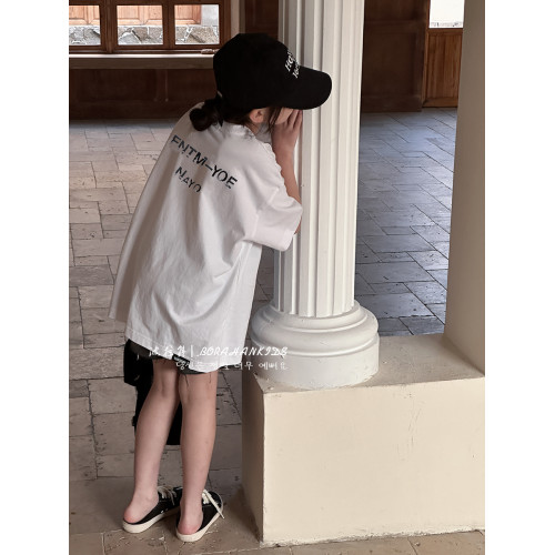 波拉韓童裝女童休閒短袖2025夏季薄款兒童圓領T恤中大童字母上衣