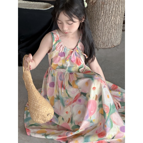 背心連衣裙2025夏中大童女童油畫風大花長款連衣裙夏季度假風長裙