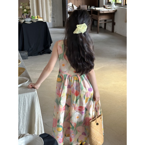 背心連衣裙2025夏中大童女童油畫風大花長款連衣裙夏季度假風長裙