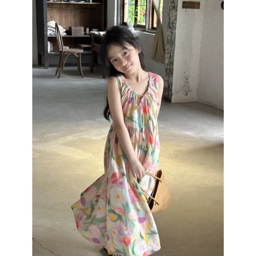 背心連衣裙2025夏中大童女童油畫風大花長款連衣裙夏季度假風長裙