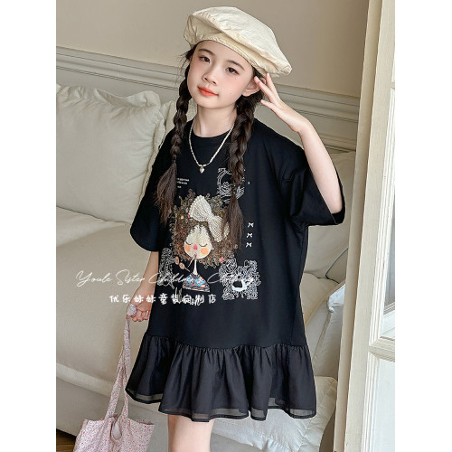 女童連衣裙夏季2025新款洋氣兒童時髦T恤裙女大童長款短袖裙子潮